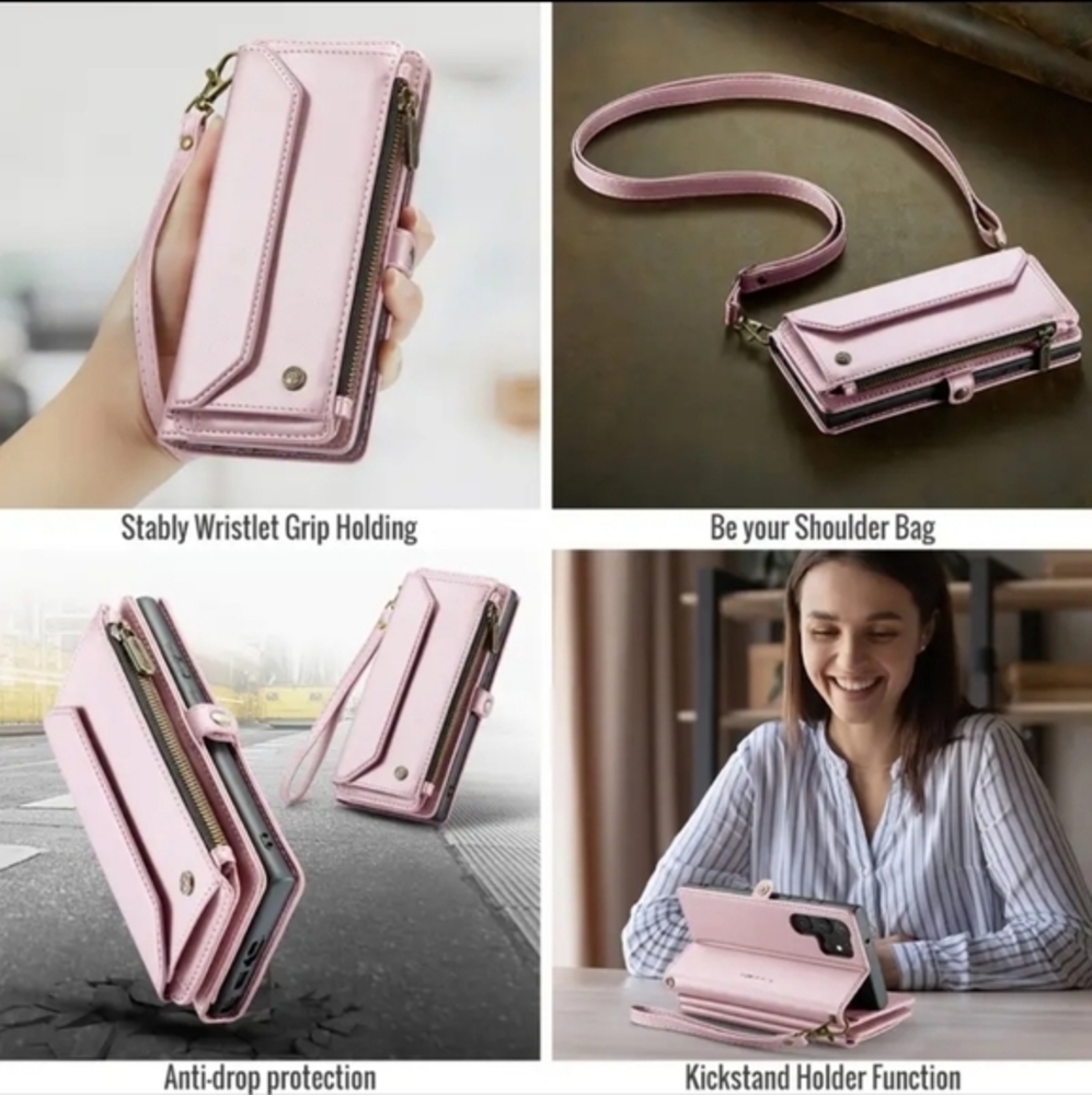 Galaxy Z Fold Wallet Card Holder Phone Case/Crossbody Bag Leather Pink S21 Plus - Picture 4 of 10